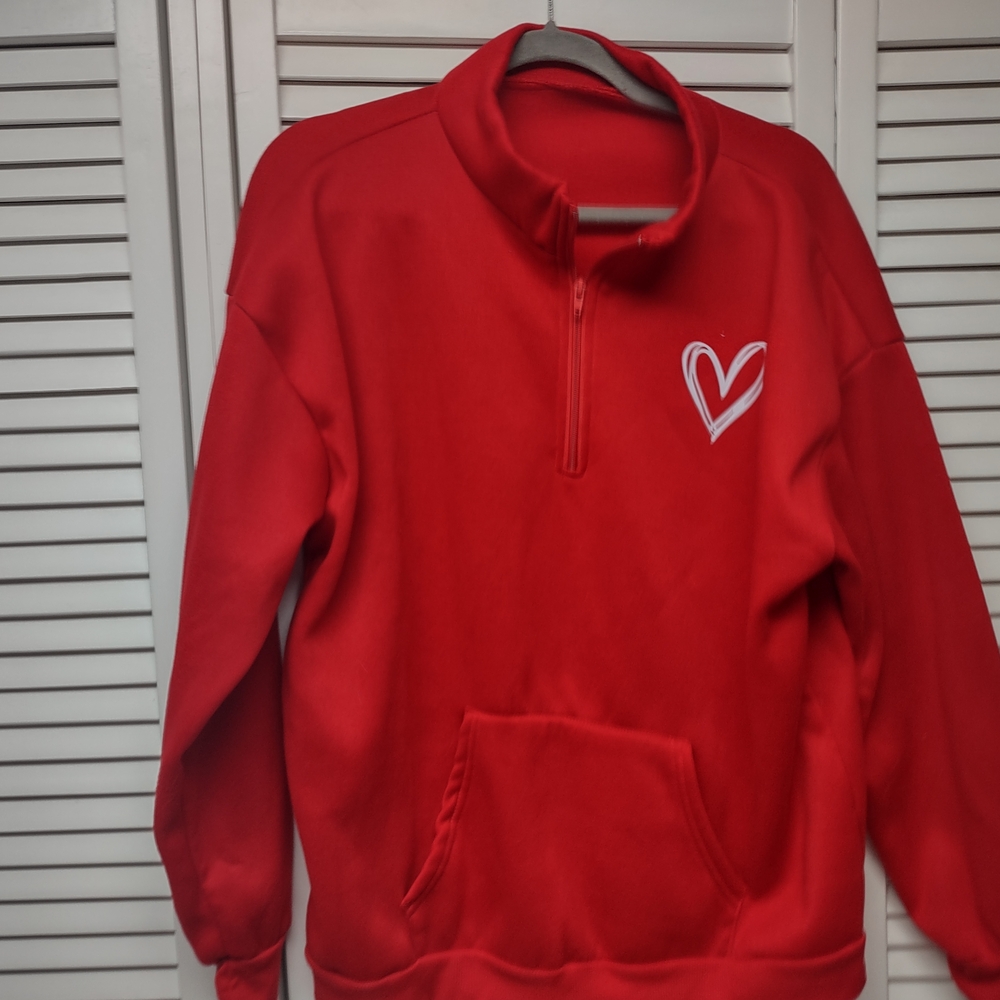 Red Half-Zip Sweatshirt with Heart Design